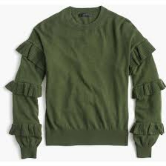 J. Crew Black Label Wool Ruffle Sleeve Green Sweater - Picture 3 of 6